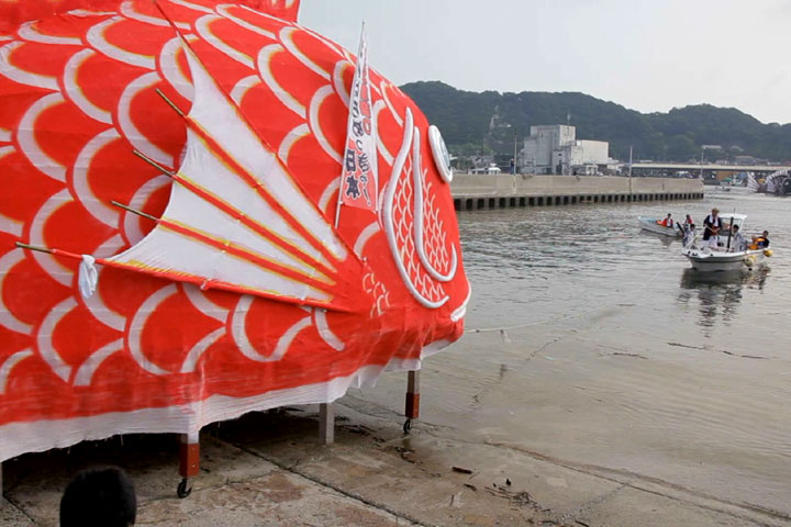 海中遊泳のため海に下ろされる鯛