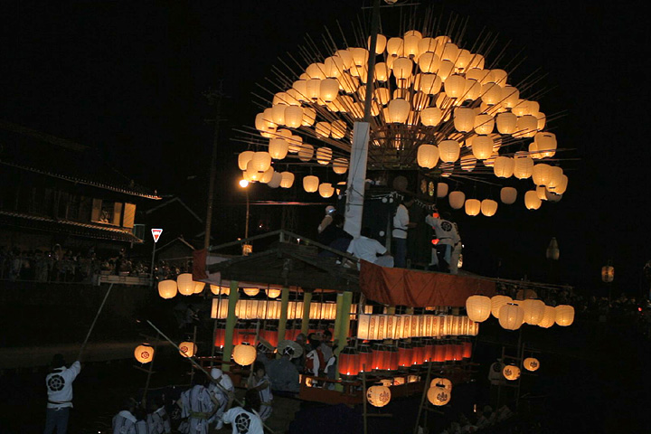 天王橋に着くと装着していた赤いほおずき提灯と餅が投げられる